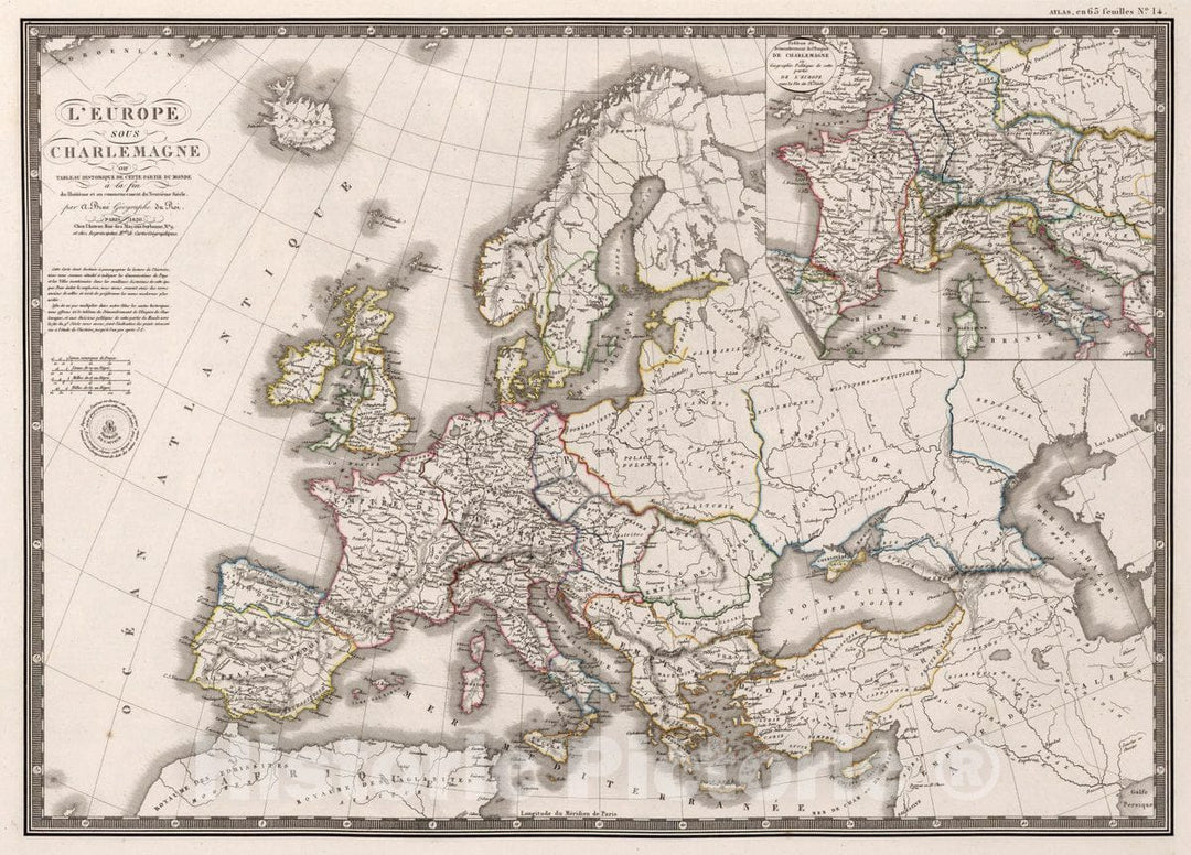 Historic Map : L'Europe Sous l'Empire de Charlemagne, 1826 Atlas - Vintage Wall Art