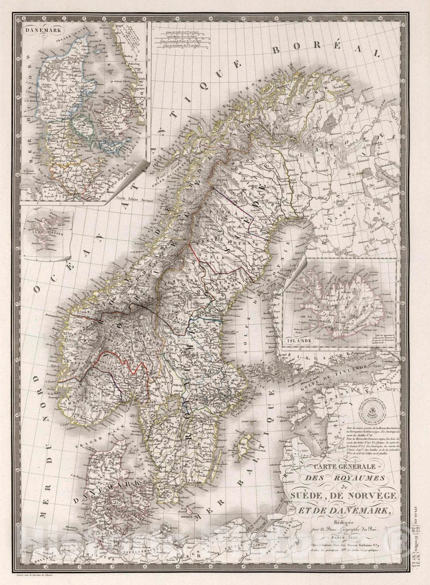 Historic Map : Norway, Scandinavia Carte generale des royaumes de Suede, de Norvege et de Danemark, 1825 Atlas , Vintage Wall Art