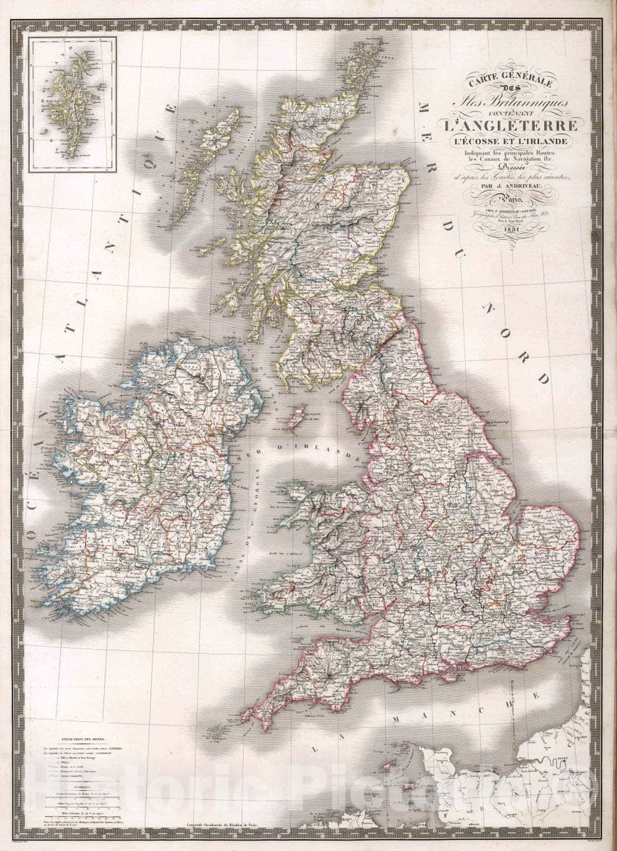 Historic Map : England, British Isles Carte generale des Iles Britanniques, 1830 Atlas , Vintage Wall Art