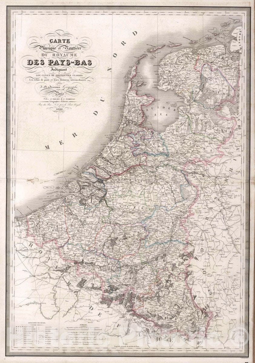 Historic Map : Netherlands, Carte Physique et routiere du Royaume des Pays - Bas, 1830 Atlas , Vintage Wall Art