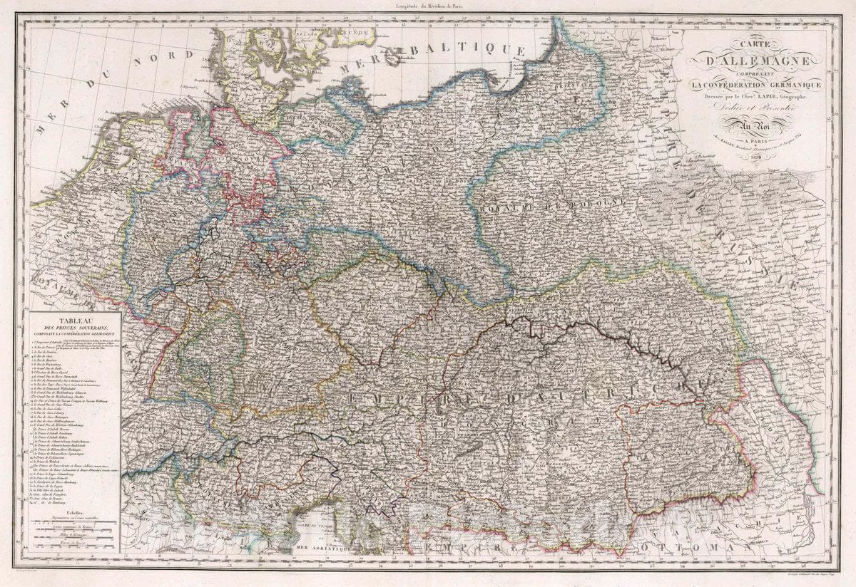 Historic Map : Germany, Europe, Central Carte d'Allemagne, comprenant la Confederation Germanique, 1829 Atlas , Vintage Wall Art