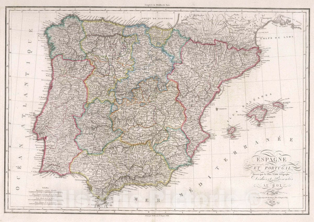 Historic Map : Spain, Espagne et Portugal. Dressee par le Chev. Lapie, Geographer. Dedies et presentes Au Roi. A Paris, 1829 Atlas , Vintage Wall Art