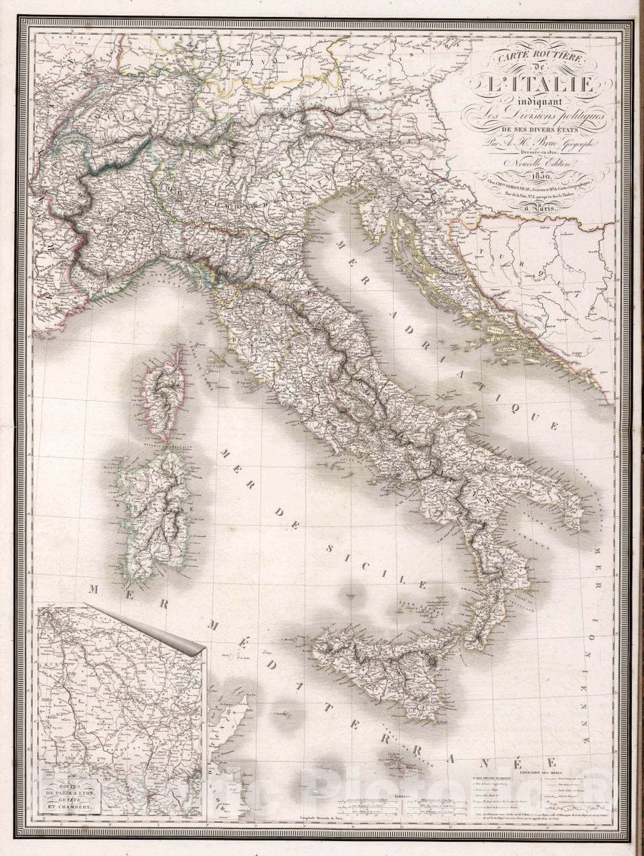 Historic Map : Italy, Balkan Peninsula Carte Routiere de l'Italie indiquant les divisions politiques des Divers Etats, 1830 Atlas , Vintage Wall Art