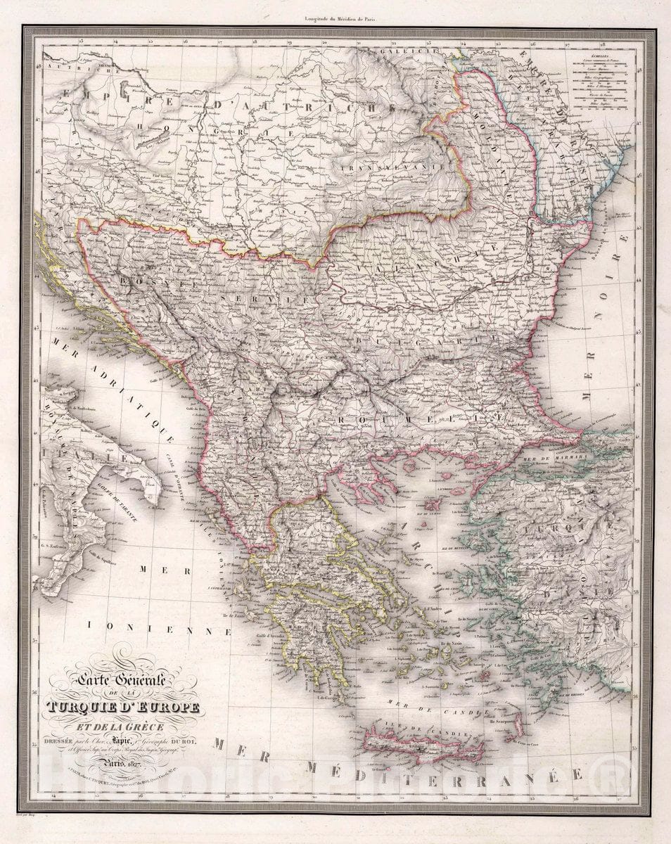 Historic Map : Turkey, Balkan Peninsula, Europe Carte generale Turquie d'Europe et de la Grece, 1827 Atlas , Vintage Wall Art