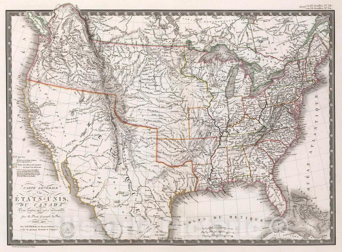 Historic Map : United States, , North America Carte General des Etats-UNIS, du Canada et d'Une Partie des Pays adjacents, 1825 Atlas , Vintage Wall Art