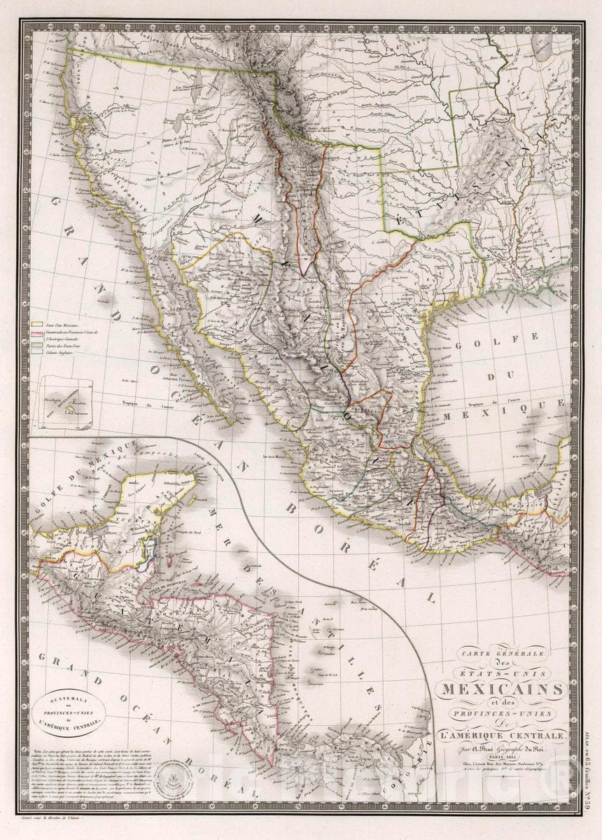 Historic Map : Mexico, , North America Carte General des Etats-UNIS Mexicains et des Provinces - UNIS de l'amerique Centrale, 1825 Atlas , Vintage Wall Art