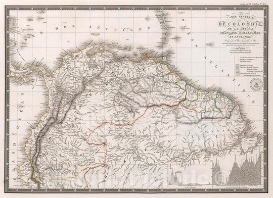 Historic Map : Colombia, Guiana, South America Carte generale de Colombie, de la Guyane Francaise, Hollandaise et Anglaise, 1826 Atlas , Vintage Wall Art