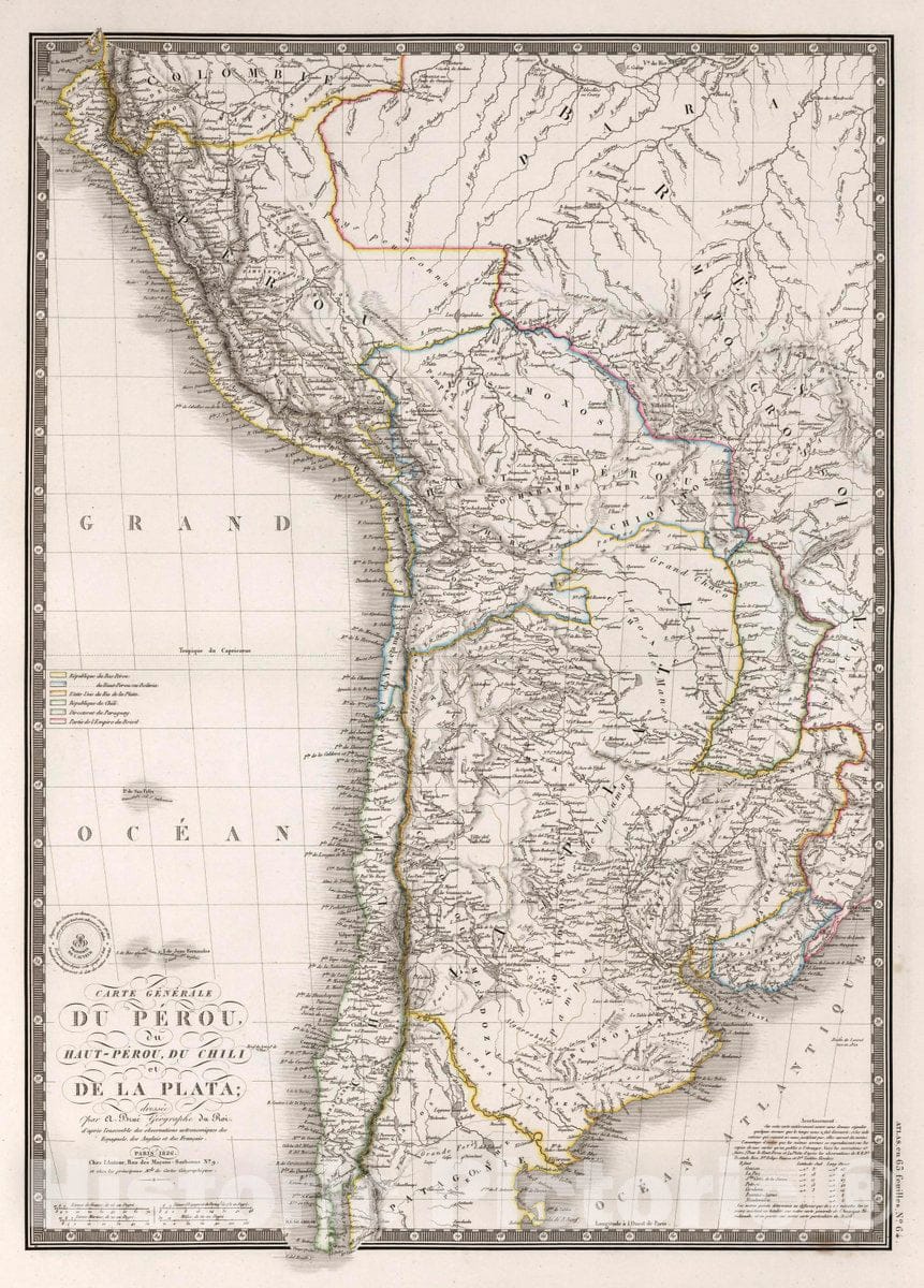 Historic Map : Peru, , South America Carte generale du Perou, du Haut-Perou, du Chili et de La Plata, 1826 Atlas , Vintage Wall Art