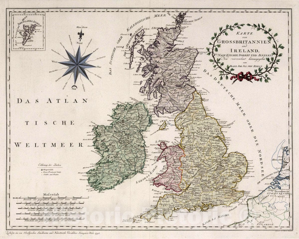 Historic Map : Great Britain, X. Karte von Grossbritannien und Ireland, 1795 Atlas , Vintage Wall Art