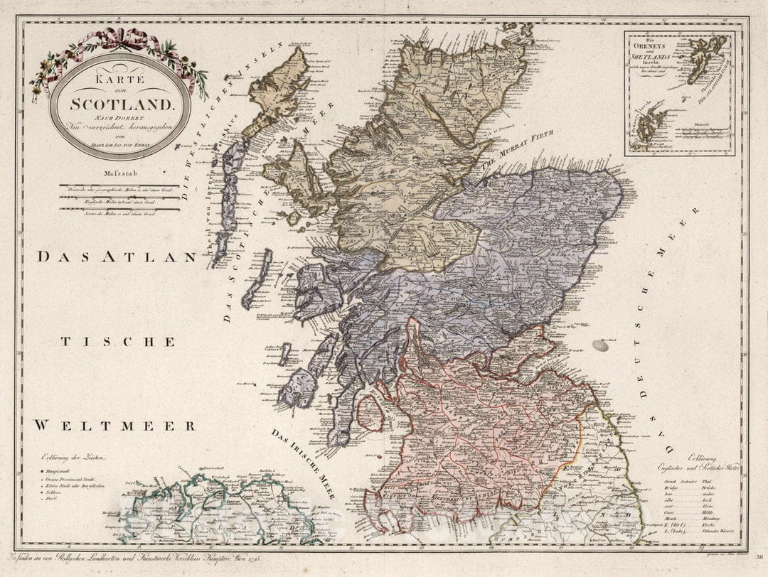 Historic Wall Map : Scotland, Karte von Scotland. Nach Dorret. Neu verzeichnet herausgegeben von Franz Joh. Jos. Von Reilly, 1795 Atlas , Vintage Wall Art