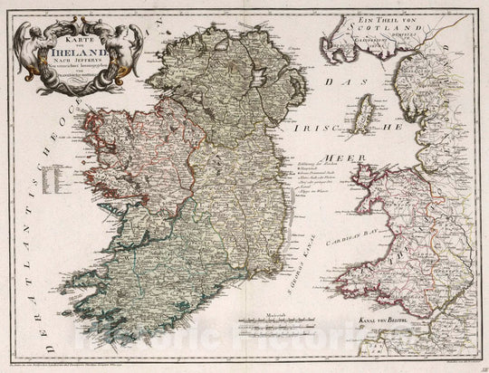 Historic Map : Ireland, Karte von Ireland. Nach Jefferys. Neu verzeichnet herausgegeben von Franz Joh. Jos. Von Reilly. stwerk, 1795 Atlas , Vintage Wall Art