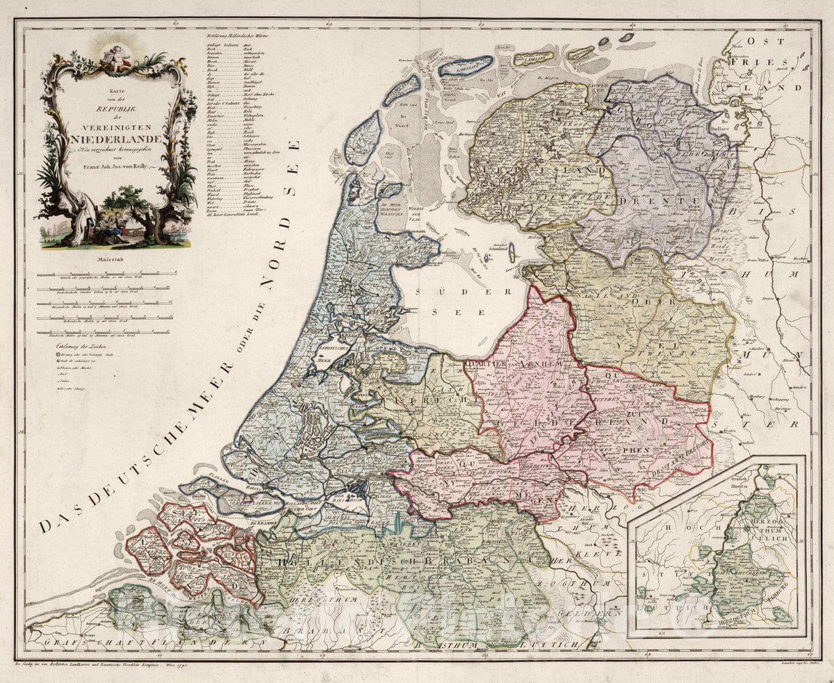 Historic Map : Netherlands, XIV. Karte von der Republik der Vereinigten Niederlande, 1795 Atlas , Vintage Wall Art