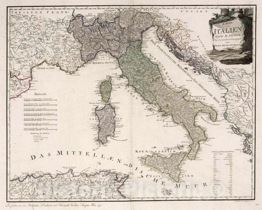 Historic Map : Italy, Karte von Italien. Nach D'Anville. Neu verzeichnet herausgegeben von Franz Joh. Jos. Von Reilly. stwer, 1796 Atlas , Vintage Wall Art