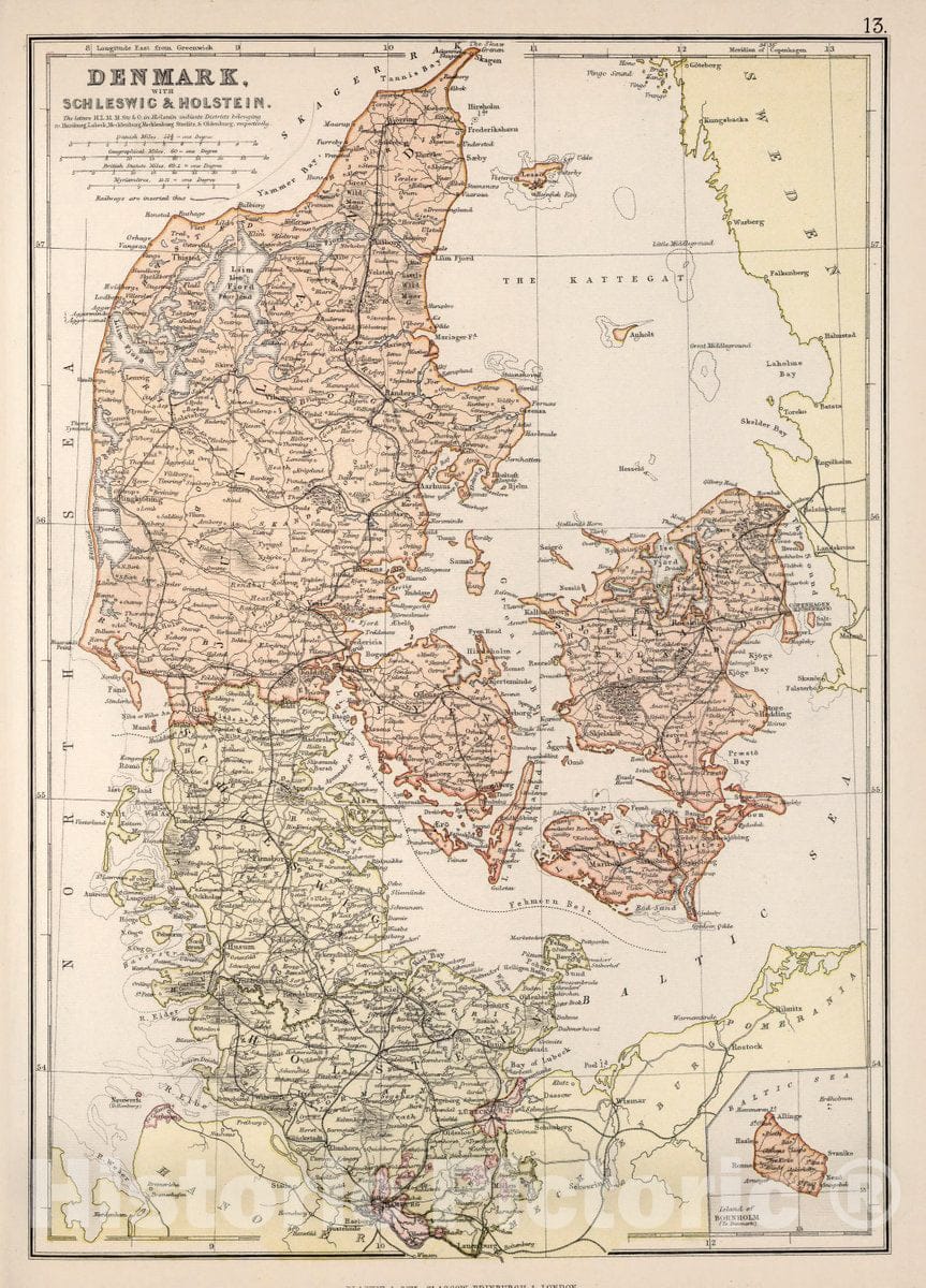 Historic Map : Denmark with Schleswig and Holstein, 1882 Atlas - Vintage Wall Art