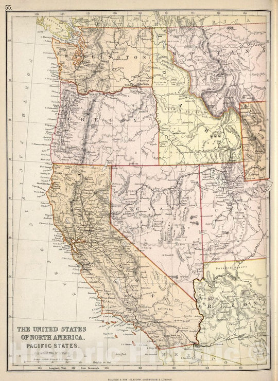 Historic Map : United States of North America, Pacific States, 1882 Atlas - Vintage Wall Art