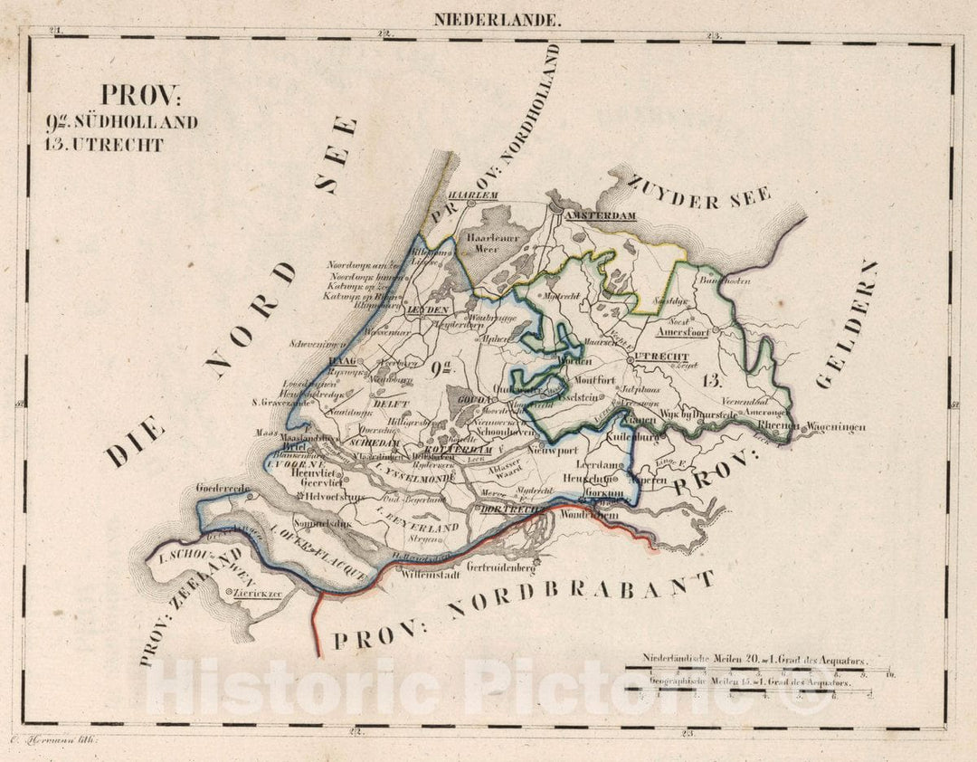 Historic Map : Netherlands, V.1:1-5: V:1. Niederlande: Prov: 9a. Sudholland. 13. Utrecht, 1825 Atlas , Vintage Wall Art