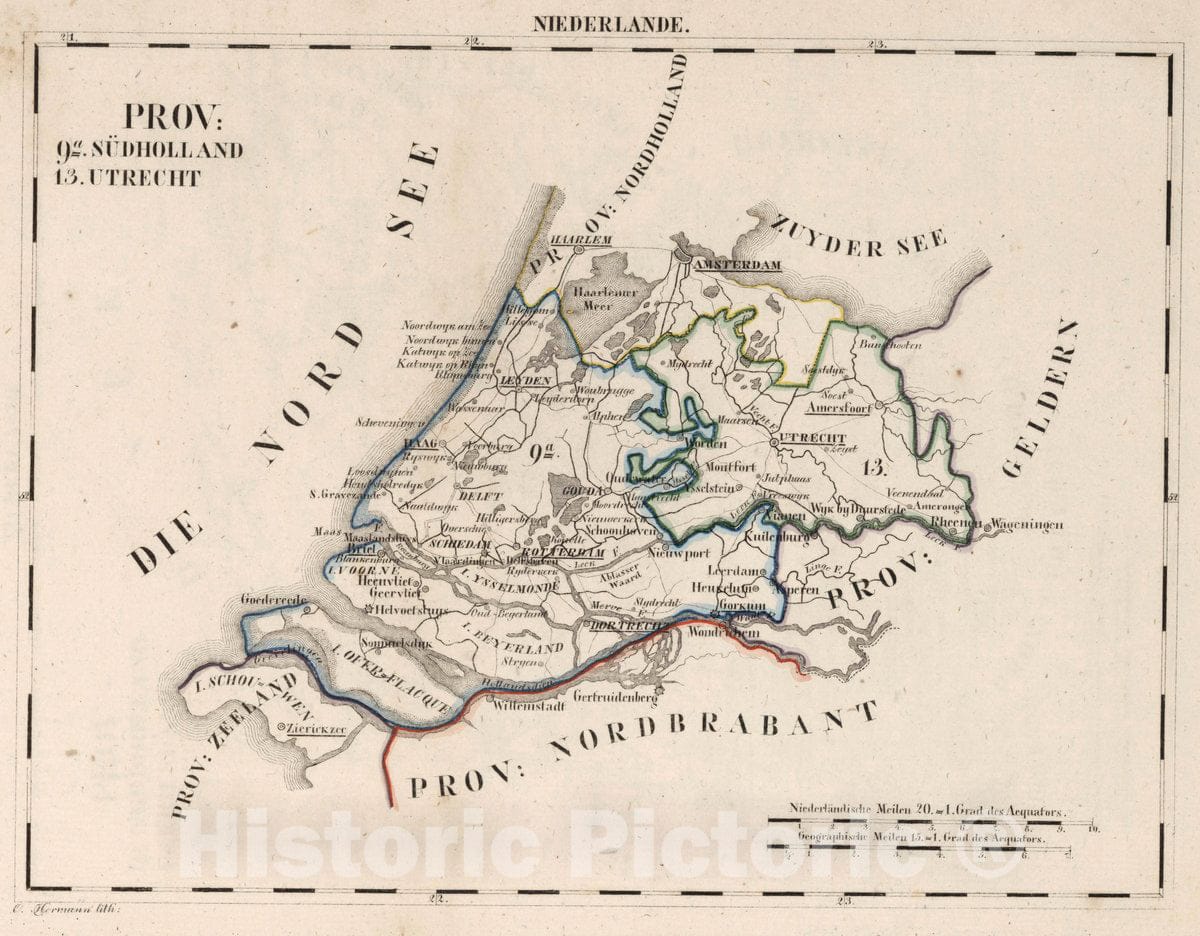 Historic Map : Netherlands, V.1:1-5: V:1. Niederlande: Prov: 9a. Sudholland. 13. Utrecht, 1825 Atlas , Vintage Wall Art