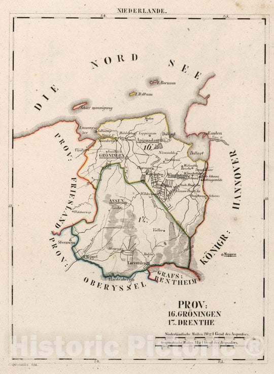 Historic Map : Netherlands, V.1:1-5: V:1. Niederlande: Prov: 16. Groningen. 17. Drenthe, 1825 Atlas , Vintage Wall Art