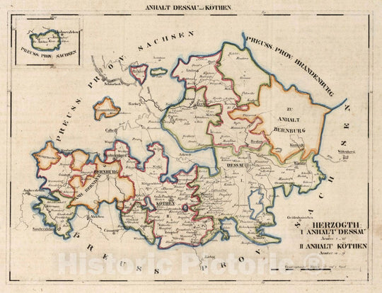 Historic Map : Germany, V.2:6-10:VIII. Anhalt Dessau und Kothen. Herzogth: I. Anhalt Dessau. II. Anhalt Kothen, 1825 Atlas , Vintage Wall Art