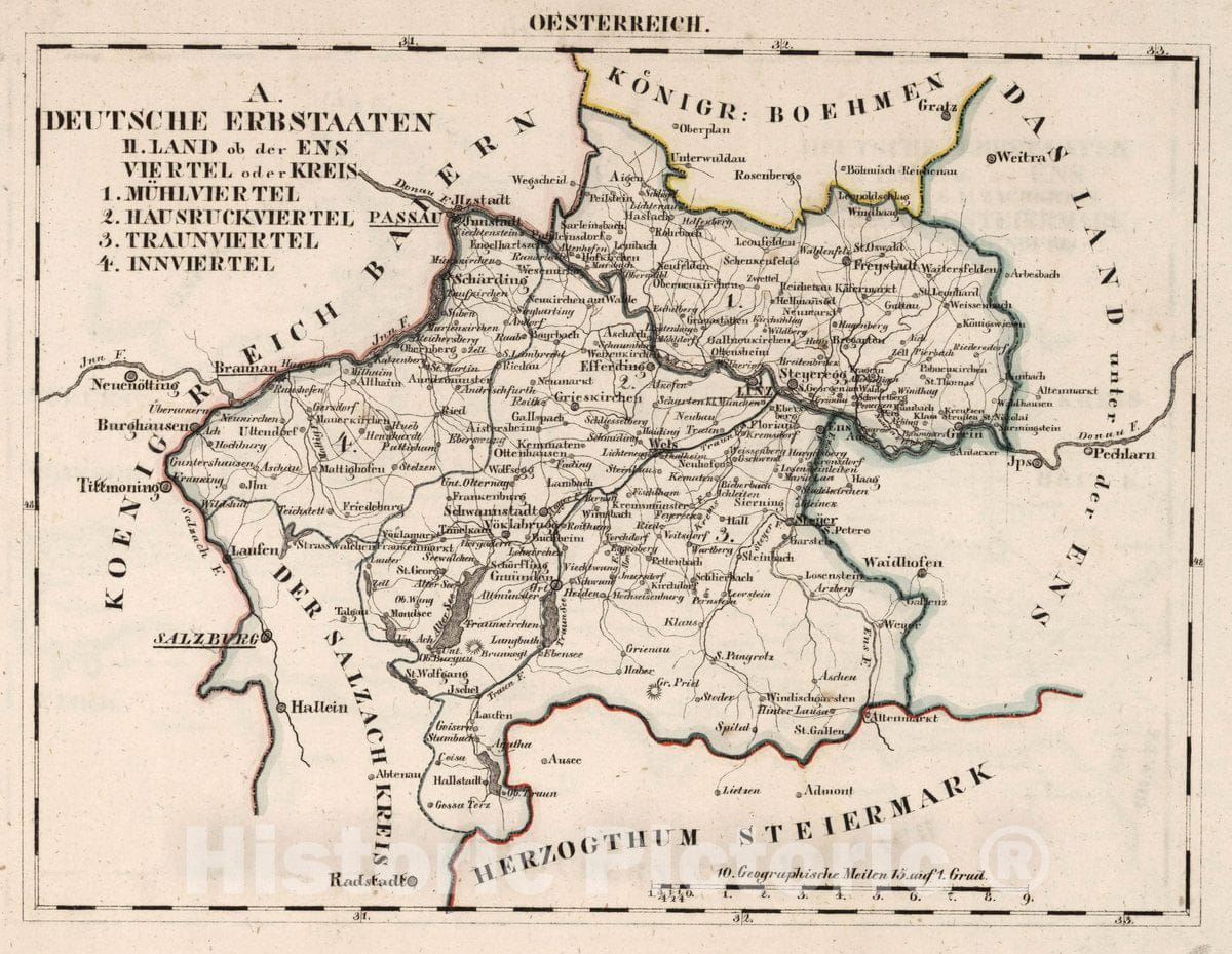 Historic Map : Germany, V.3:11-15:XI:1. Oesterreich. A. Deutsche Erbstaaten II. Land ob der Ens, 1828 Atlas , Vintage Wall Art