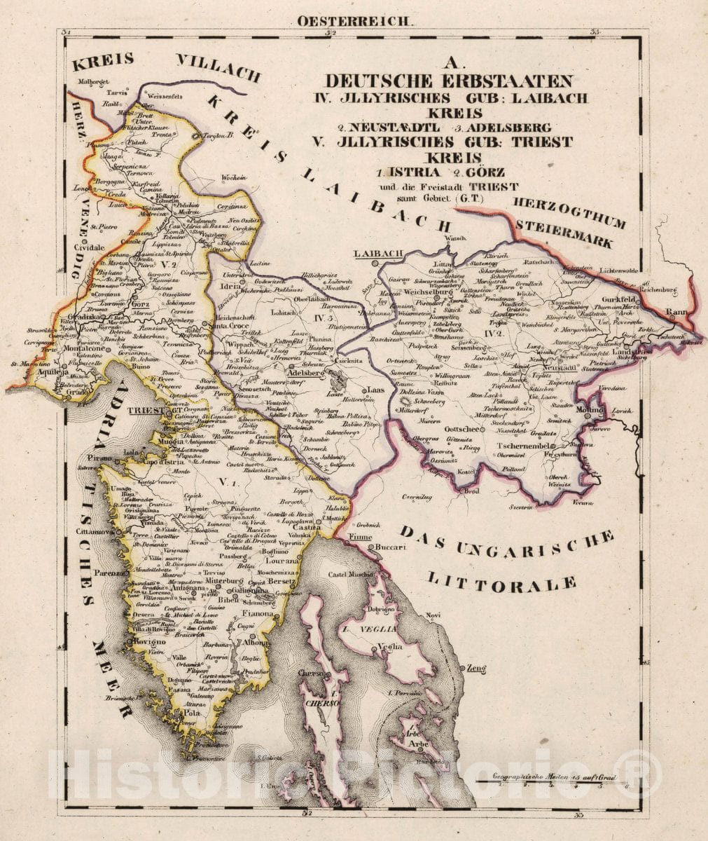 Historic Map : Germany, V.3:11-15:XI:1. Oesterreich. A. Deutsche Erbstaaten. IV-V. Illyrisches Gub, 1828 Atlas , Vintage Wall Art