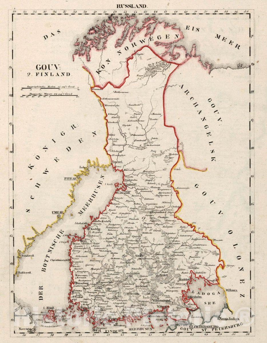 Historic Map : Russia, V.3:11-15:XIII. Russland. Gouv: 2. Finland, 1829 Atlas , Vintage Wall Art