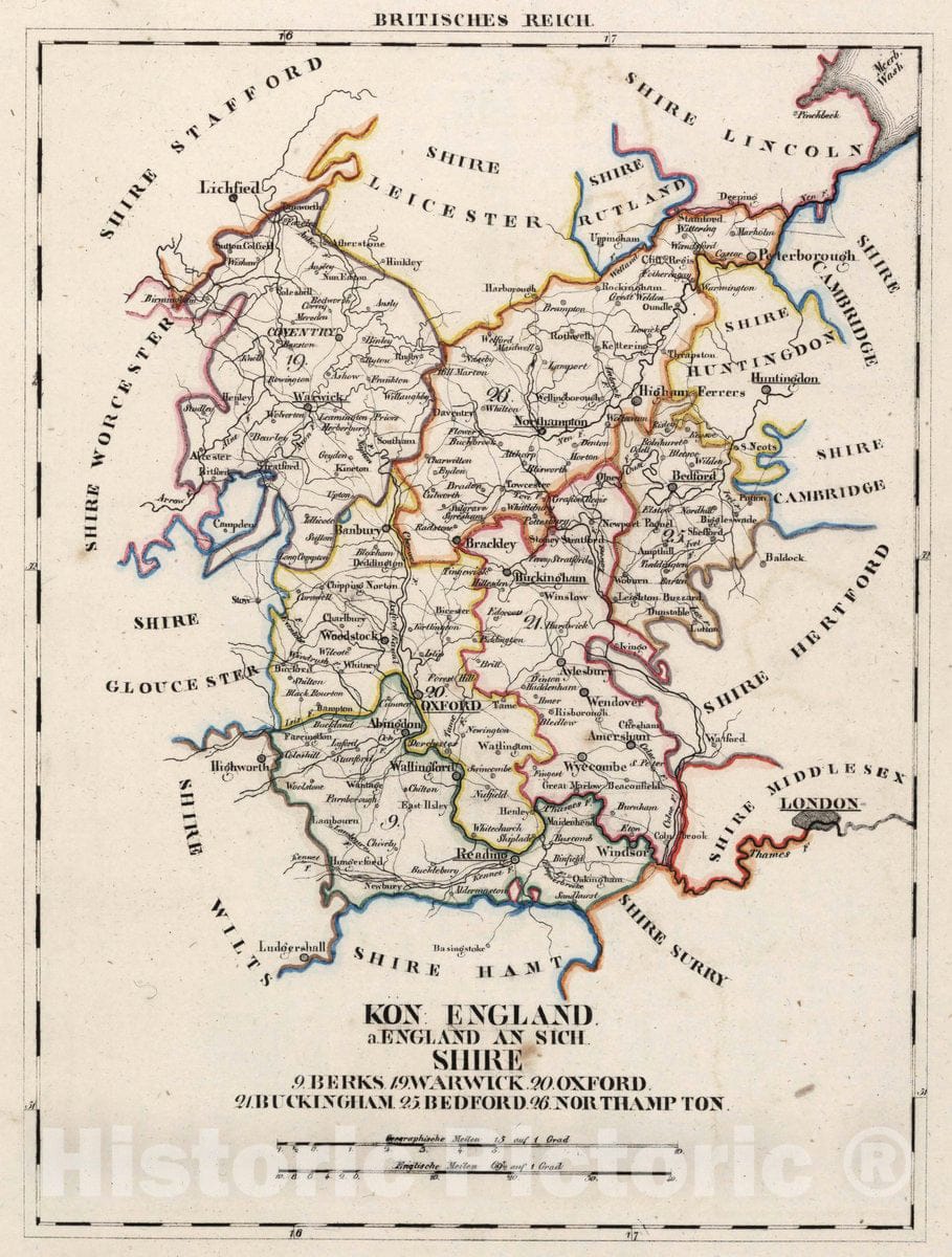 Historic Map : England, V.3:11-15:XV. Britisches Reich. A. Kon: England. a. England ab Sich: Shire: 9, 19-21, 25-26, 1830 Atlas , Vintage Wall Art