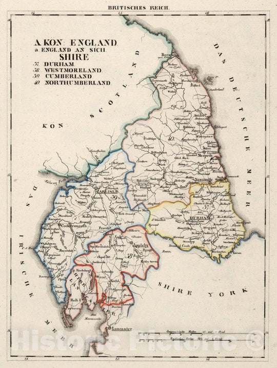 Historic Wall Map : England, V.3:11-15:XV. Britisches Reich. A. Kon: England. a. England ab Sich: Shire: 37-40, 1830 Atlas , Vintage Wall Art