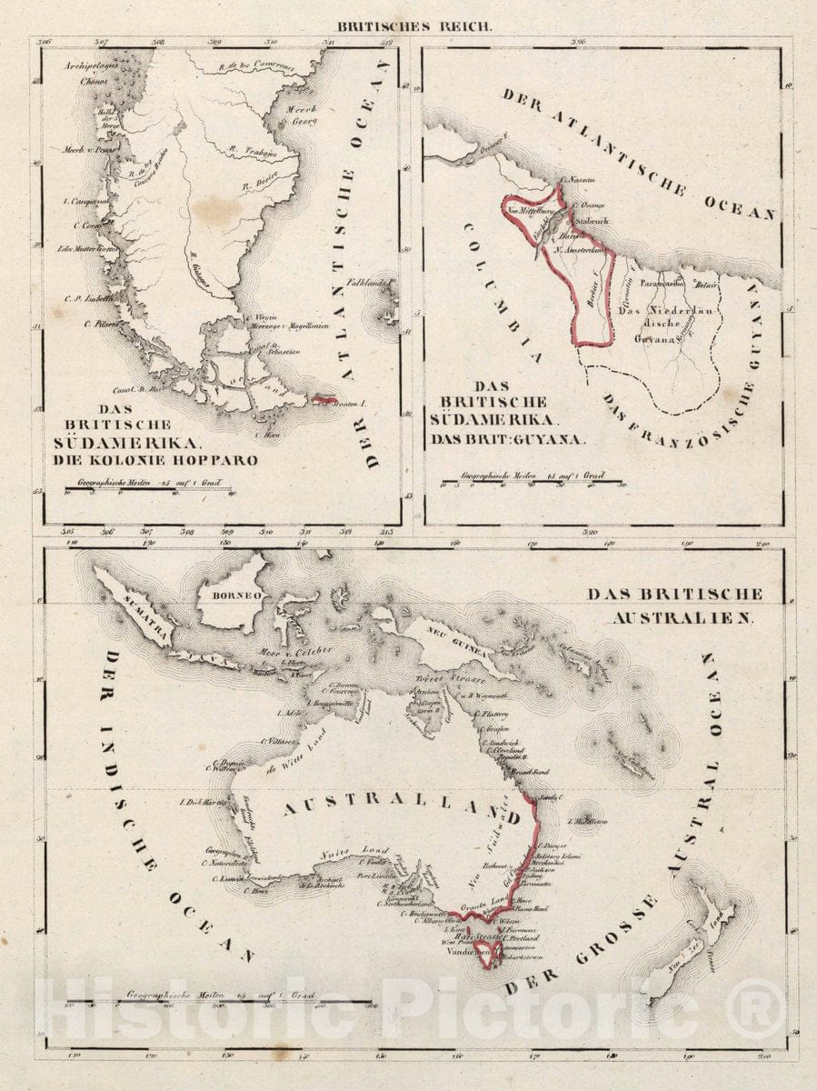 Historic Map : Australia, , South America V.3:11-15:XV. Britisches Reich. Das Britische Sudamerika. Guyana. Australien, 1830 Atlas , Vintage Wall Art