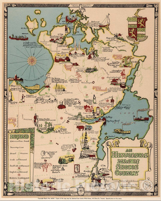 Historic Map : an Historical map of Simcoe County. Compiled and Drawn by Jerrine Wells Kinton, 1944 Pictorial Map - Vintage Wall Art