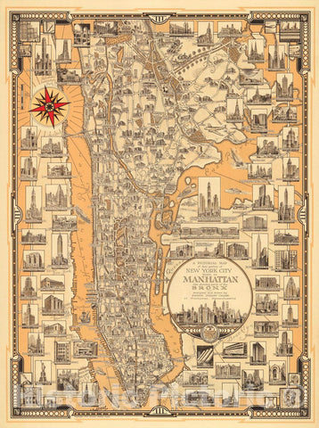 Historic Map - A Pictorial Map of that portion of New York City known as Manhattan also showing parts of the Bronx, 1939, Ernest Dudley Chase - Vintage Wall Art