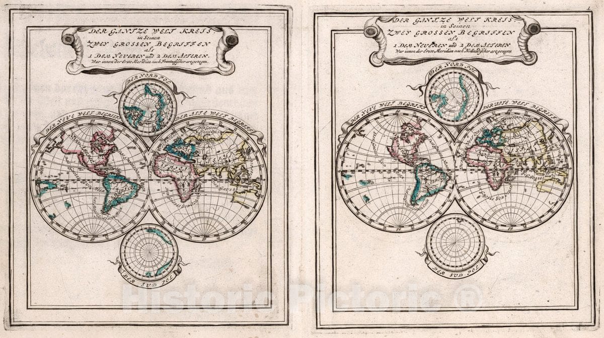 Historic Map : 1704 World - Der Gantze Welt Kreis in Seinen Zwey Grossen Begriffen als 1 Dem Neueren und 2 Dem Alteren, Warinnen der Erste Meridian nach - Vintage Wall Art