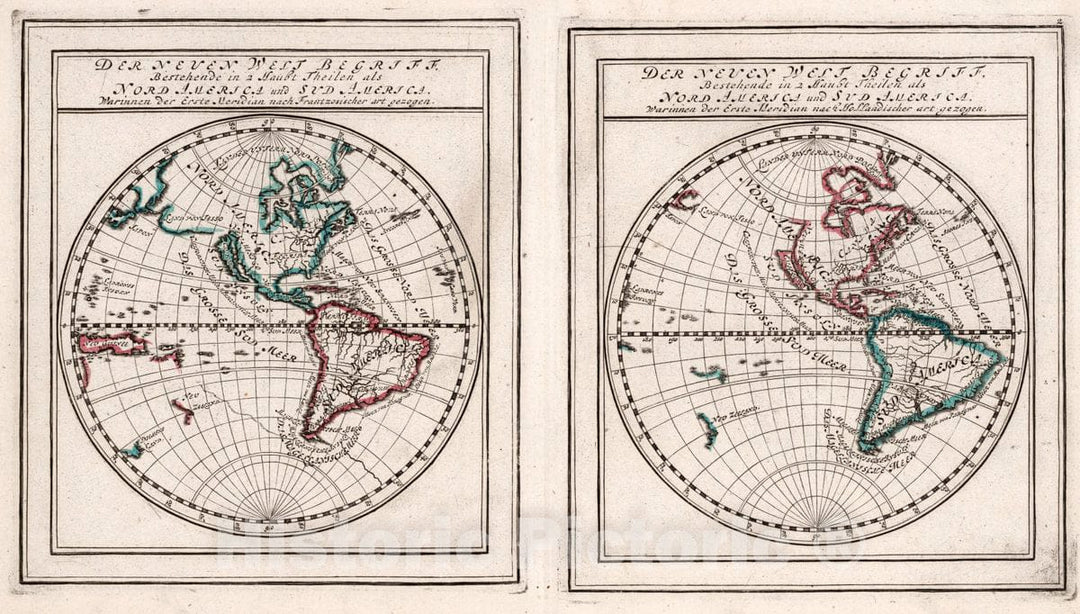 Historic Map : 1704 World - Der neuen Welt Begriffen, Bestehende in 2 hault theilen als Nord America und Sud America, Warinnen der Erste meridian nach - Vintage Wall Art