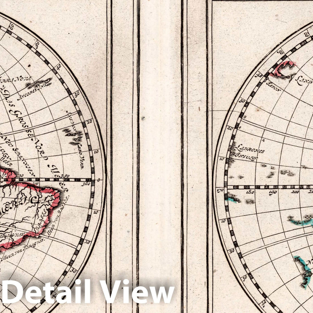 Historic Map : 1704 World - Der neuen Welt Begriffen, Bestehende in 2 hault theilen als Nord America und Sud America, Warinnen der Erste meridian nach - Vintage Wall Art