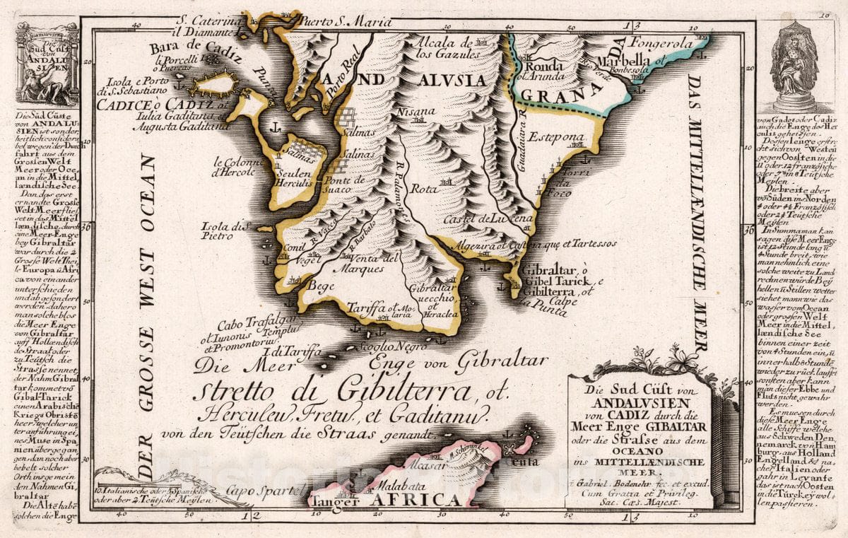 Historic Map : Spain, Gibraltar, Strait of, Europe 1704 Die Sud Cust von Andalusien von Cadiz durch die Meer Enge Gibaltar , Vintage Wall Art