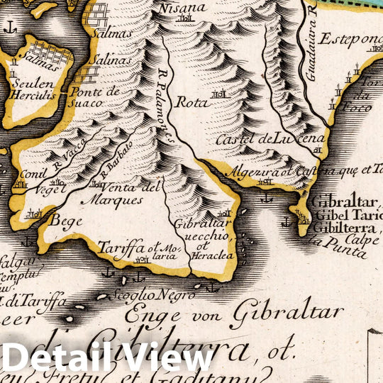 Historic Map : Spain, Gibraltar, Strait of, Europe 1704 Die Sud Cust von Andalusien von Cadiz durch die Meer Enge Gibaltar , Vintage Wall Art