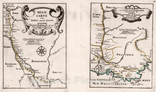 Historic Map : France, , Europe 1704 Reise-Carte von Paris nach Lion , Vintage Wall Art