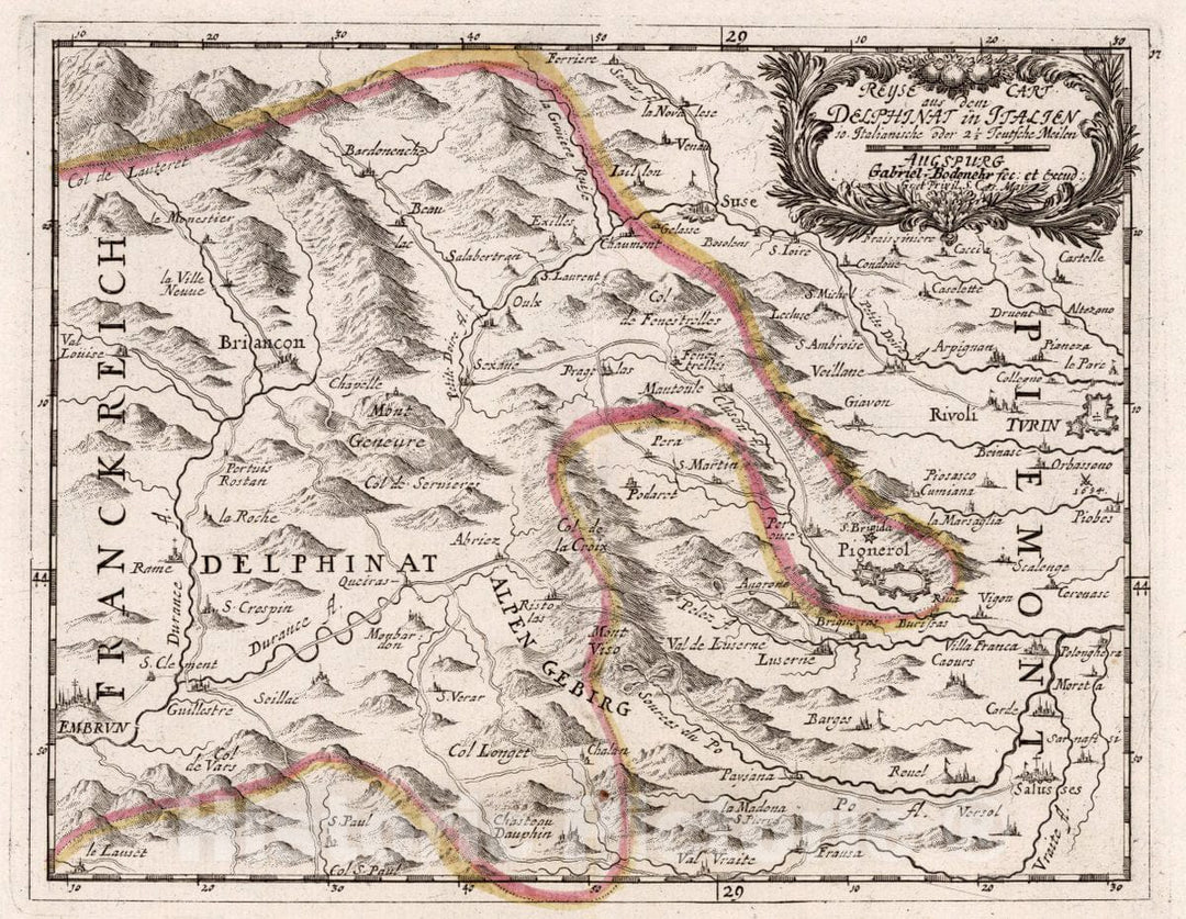 Historic Map : Italy, , Europe Reise cart aus dem Delphinat in Italien, 1716 Atlas , Vintage Wall Art