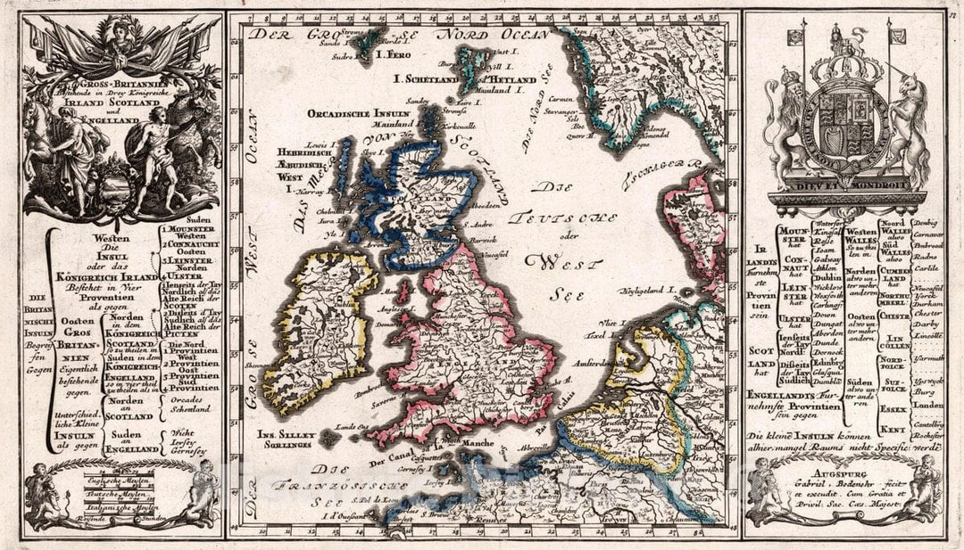 Historic Wall Map : England, Great Britain, Europe Gross-Britannien Bestehende in Drey Konigreiche Ireland, Scotland. 1771 , Vintage Wall Art