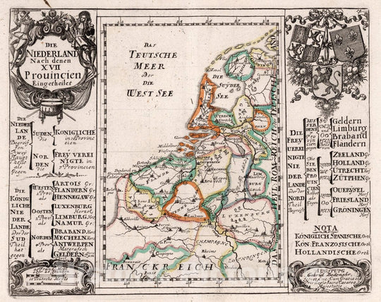 Historic Map : Netherlands, , Europe Die Niederland Nach denen XVII Provincien Eingetheilet, 1716 Atlas , Vintage Wall Art