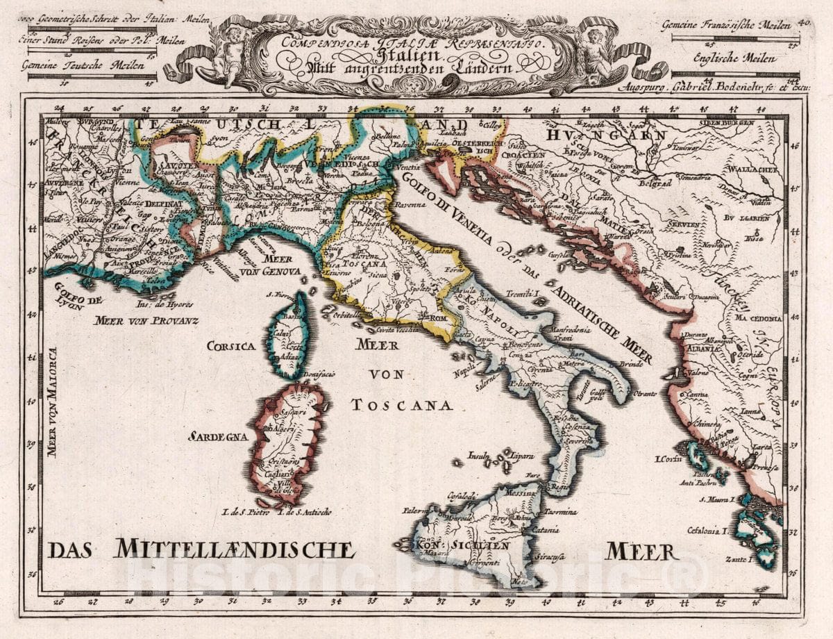 Historic Map : Italy, , Europe Compendiosa Italiae Repraesentatio, 1716 Atlas , Vintage Wall Art