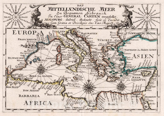 Historic Map : Mediterranean Sea, Europe Das Mittellaendische Meer Zu Bequaemen Gebrauch In einer General-Carten vorgestellet. 1716 , Vintage Wall Art