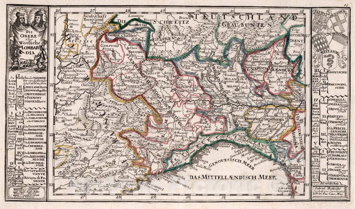 Historic Map : Italy, Lombardy (Italy), Europe 1716 Die Obere Oder Westliche Lombardia , Vintage Wall Art