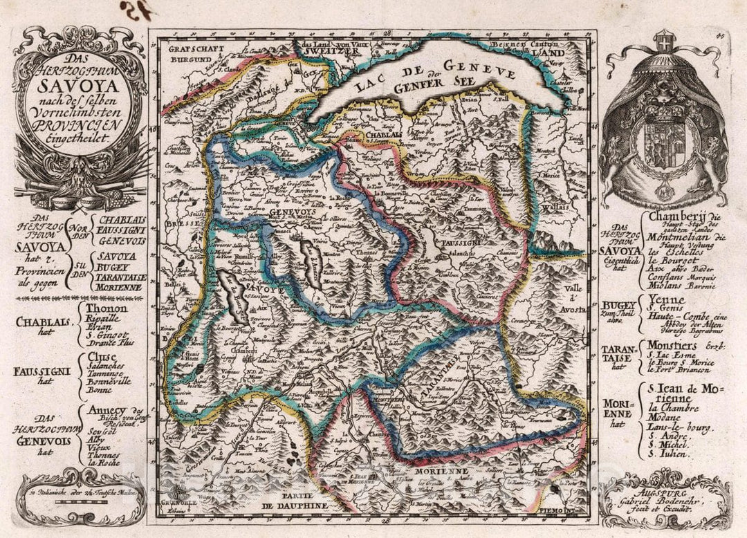 Historic Map : Italy, , Europe Das Hertzogthum Savoya nach des selben Vornehmbsten Provincien Eingetheilet, 1716, Vintage Wall Art