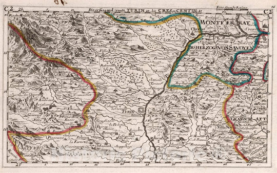 Historic Map : Italy, , Europe 1716 Die Gegend von Turin bis Crescentin , Vintage Wall Art