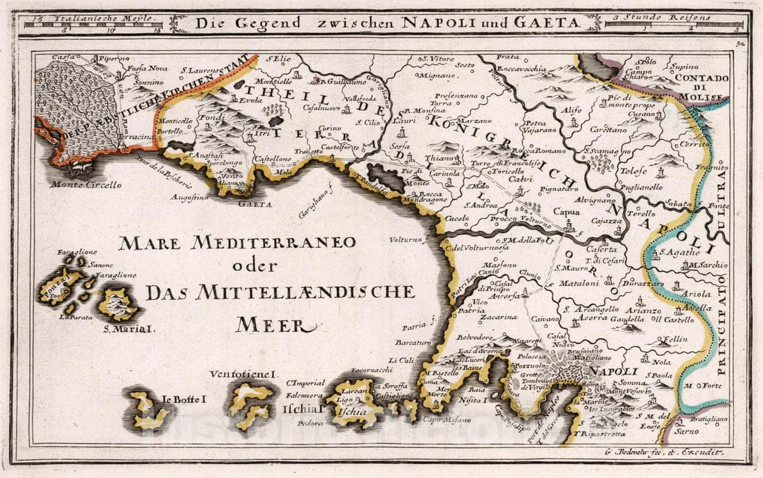 Historic Map : Italy, Naples Region (Italy), Europe 1716 Die Gegend zwischen Napoli und Gaeta , Vintage Wall Art