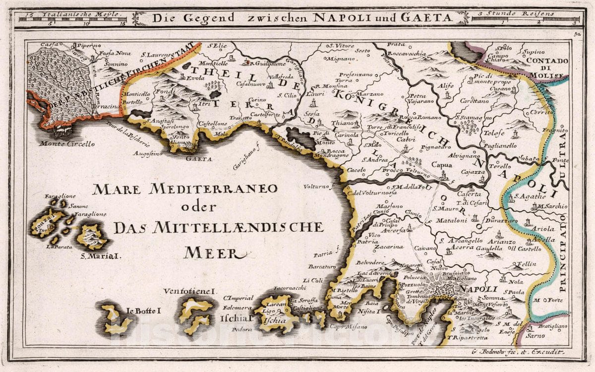 Historic Map : Italy, Naples Region (Italy), Europe 1716 Die Gegend zwischen Napoli und Gaeta , Vintage Wall Art