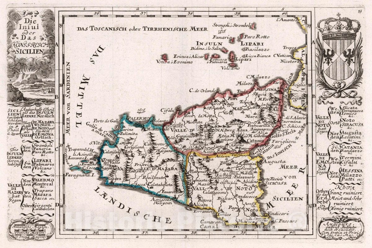 Historic Map : Italy, Sicily (Italy), Europe Die Insul Oder Das Konigreich Sicilien, 1716 Atlas , Vintage Wall Art