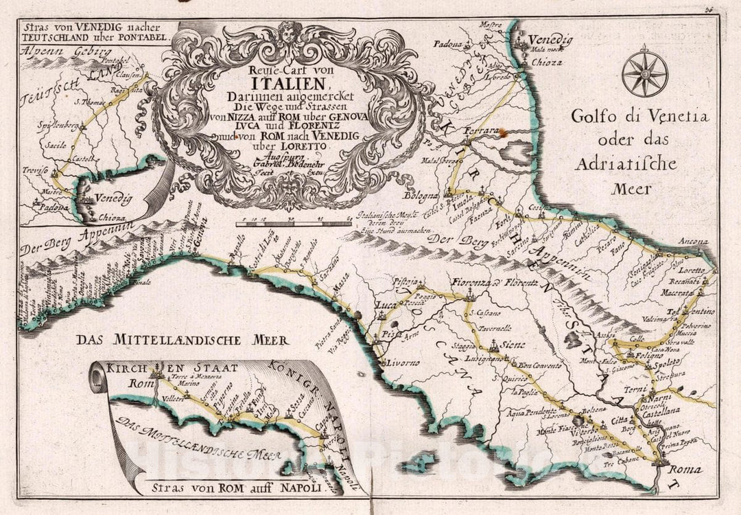 Historic Map : Italy, , Europe Reyse-Cart von Italien : , 1716 , Vintage Wall Art