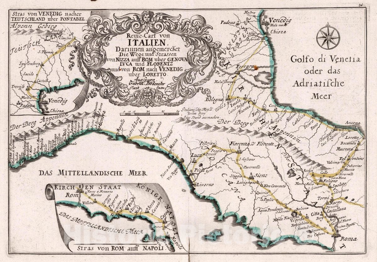 Historic Map : Italy, , Europe Reyse-Cart von Italien : , 1716 , Vintage Wall Art